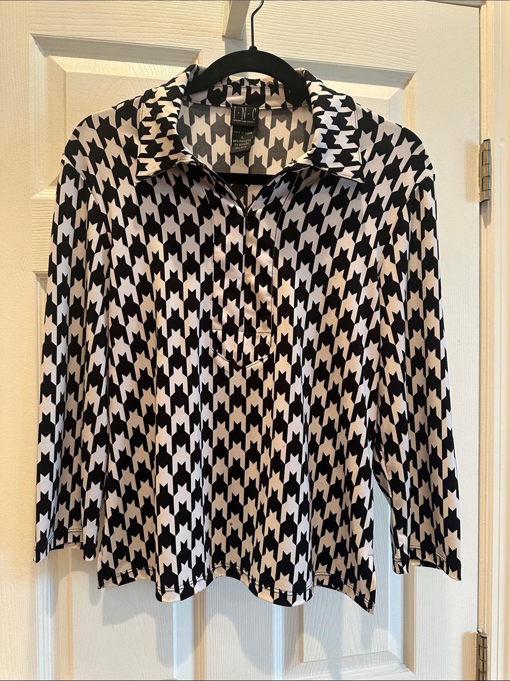 INC International Concepts Black & White Houndstooth Collared Pullover